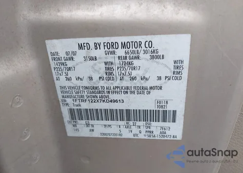 2007 Ford F-150 Stx/Xl/Xlt from USA, damaged, VIN 1FTRF122X7KD49613